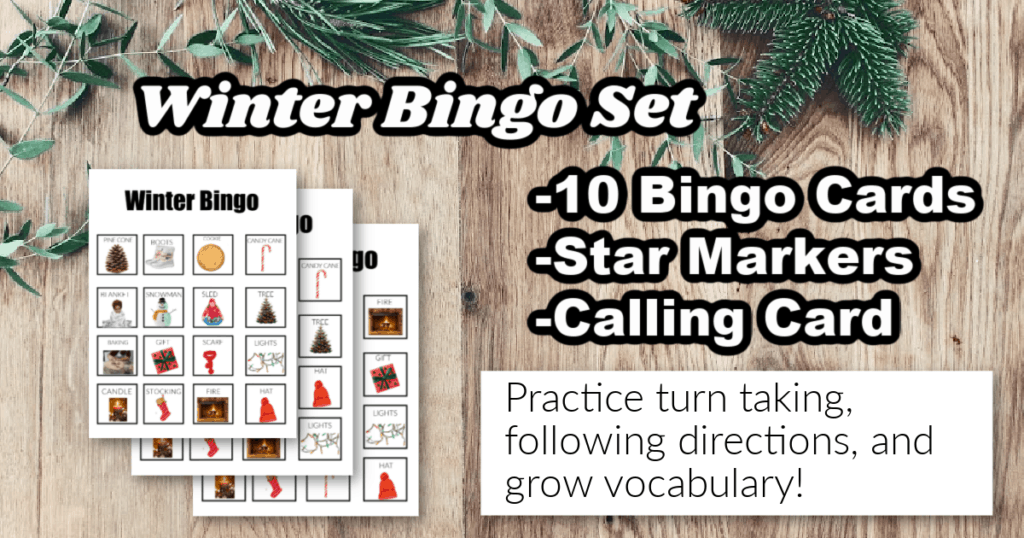 Image of winter bingo set which includes 10 bingo cards, star markers, and calling card.