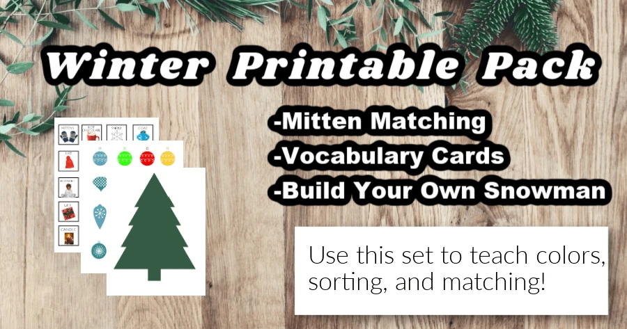 Image of winter printable pack with mitten matching, vocabulary cards, and build your own snowman game.