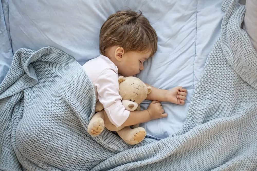 toddler sleeping in bed with stuffed animal