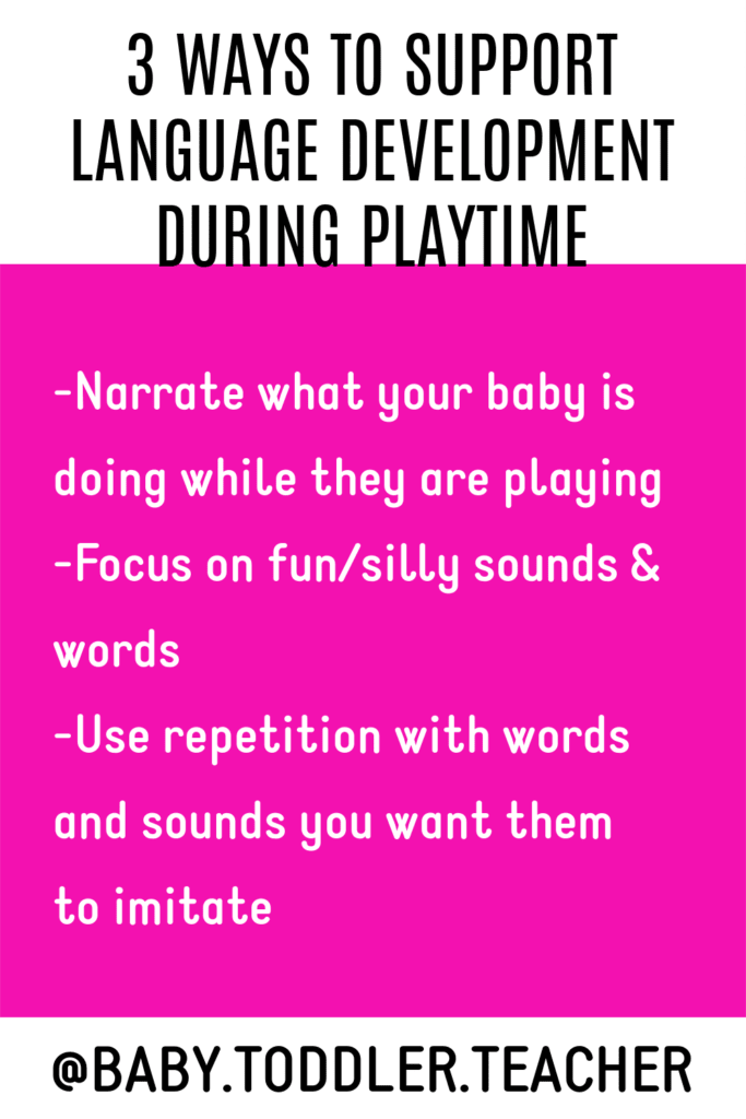 pink and white block with text overlay of 3 ways to support language development during playtime