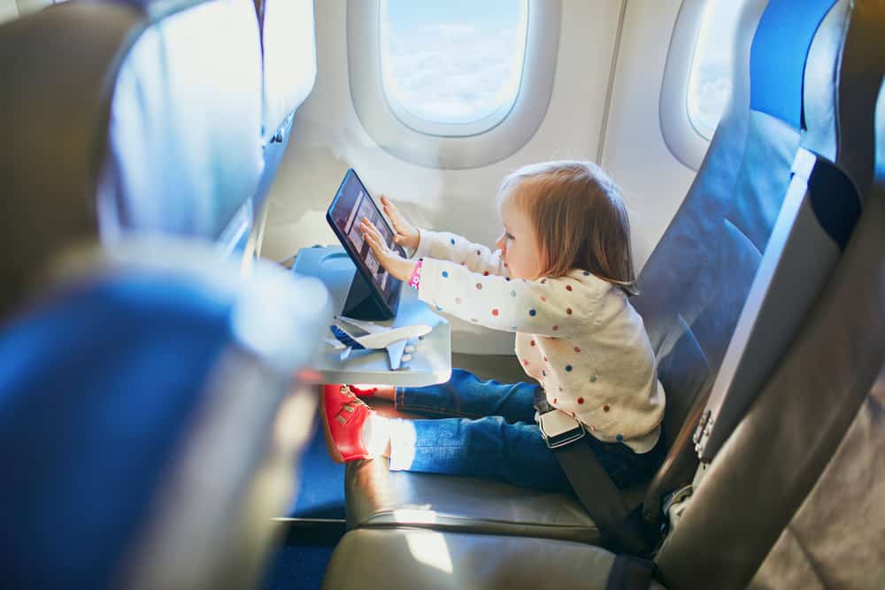 Adorable little toddler girl traveling by plane. Small child sitting by aircraft window and using a digital tablet during the flight. Traveling abroad with kids. Unaccompanied minor concept