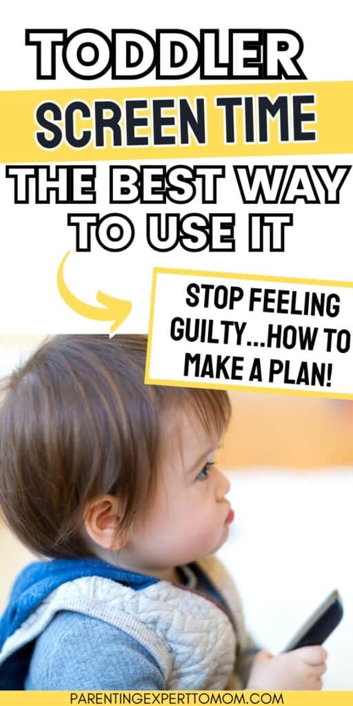 Child holding a remote with text overlay: Toddler Screen time: The Best Way to Use it: Stop feeling guilty...make a plan!