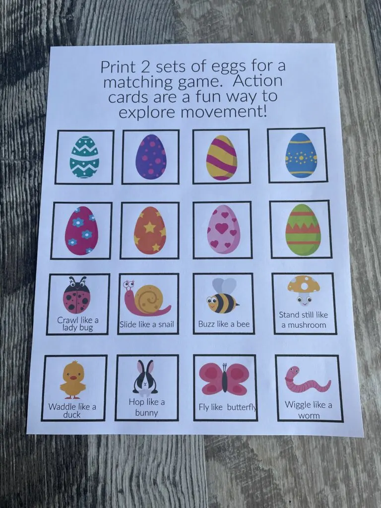 Printable picture of egg and animal movement game